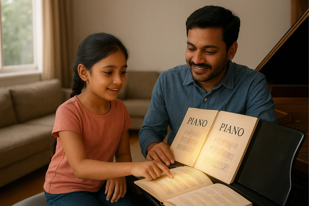 A girl learning piano reading piano book