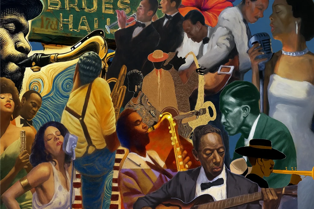 Collage image of jazz, rock, and Pop performances