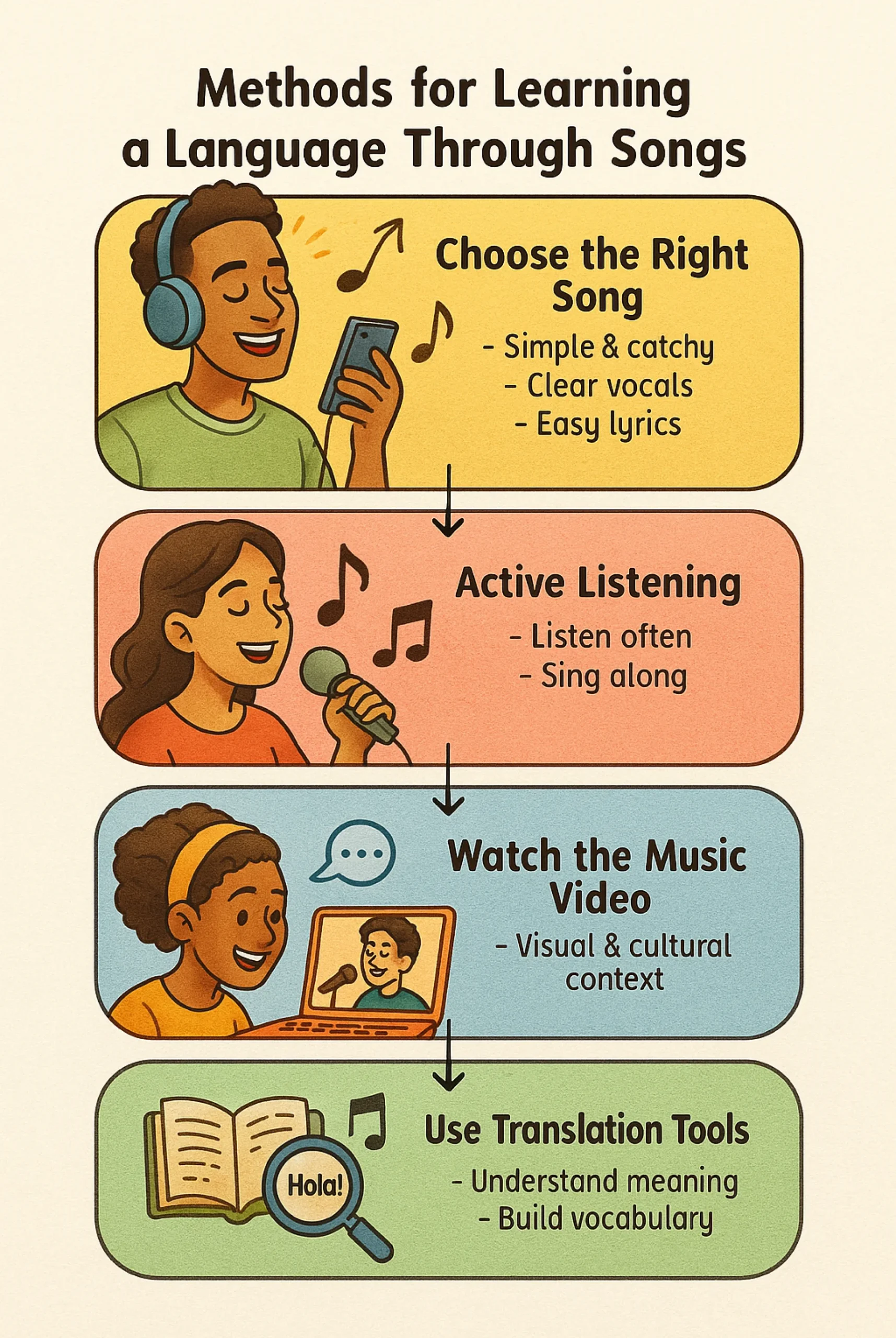 Methods for Learning a Language Through Songs