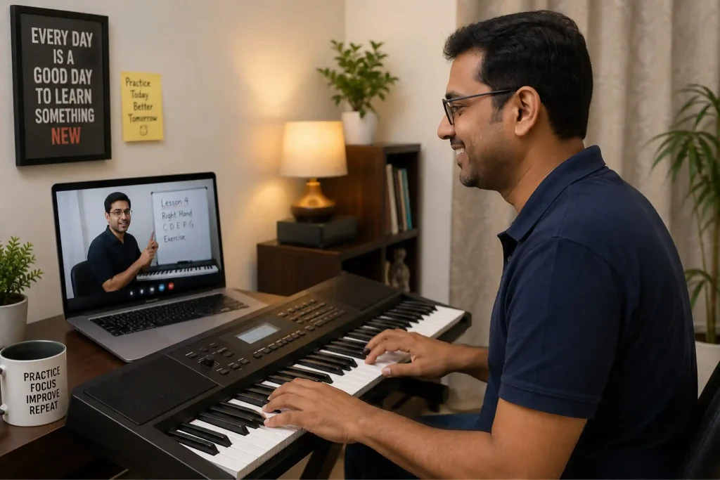 Adult at home playing keyboard Learning from laptop