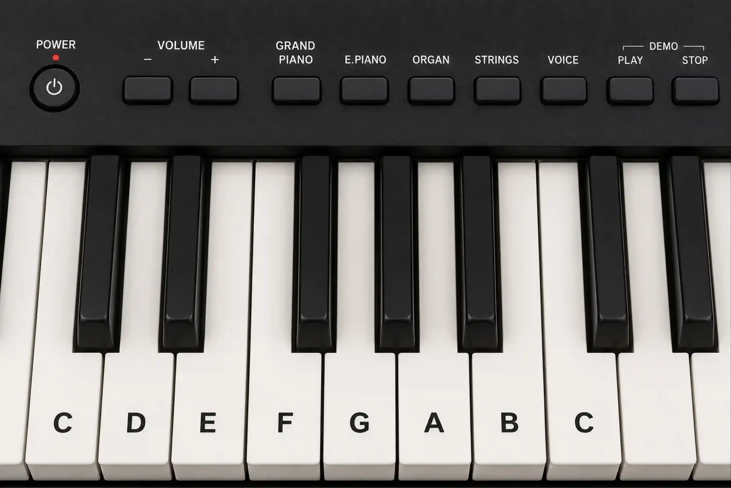 Close up shot of basic digital keyboard with labelled keys