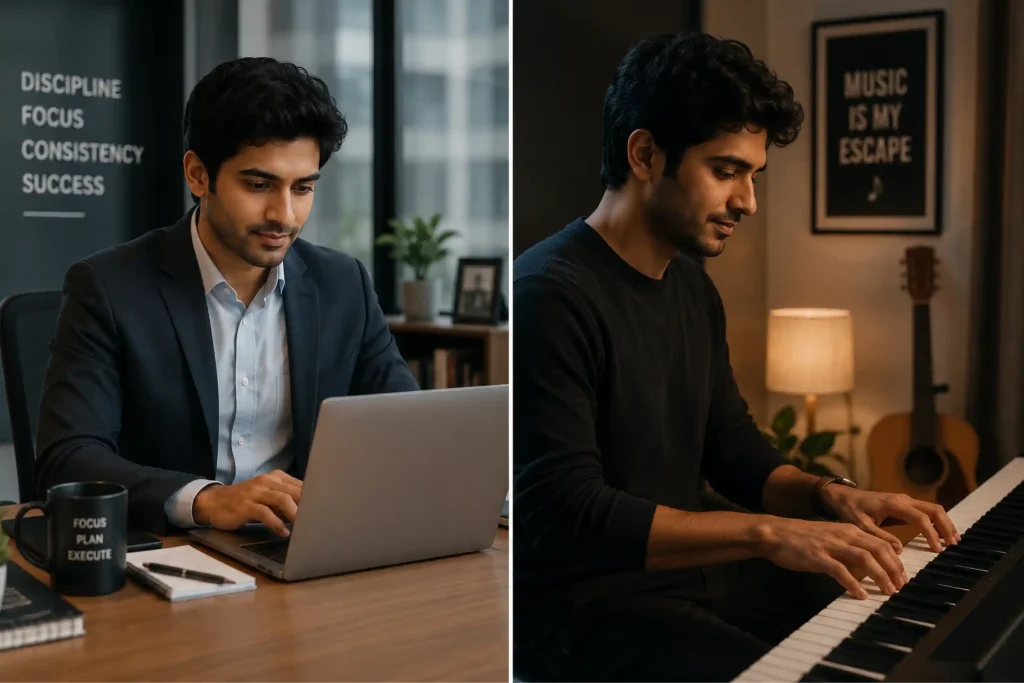 One professional sitting in office on laptop and same person at a keyboard on the other side