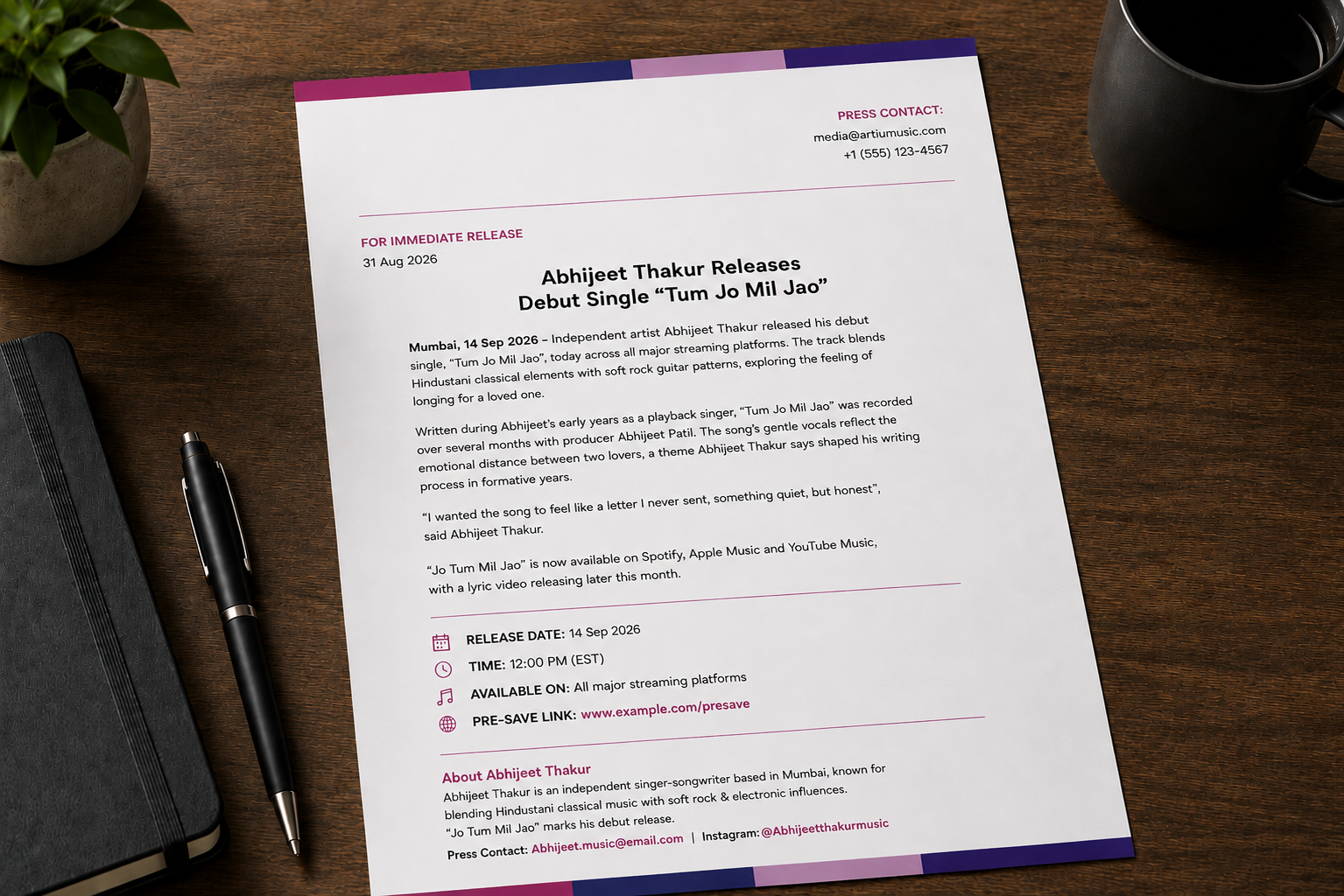 Music Press Release Example