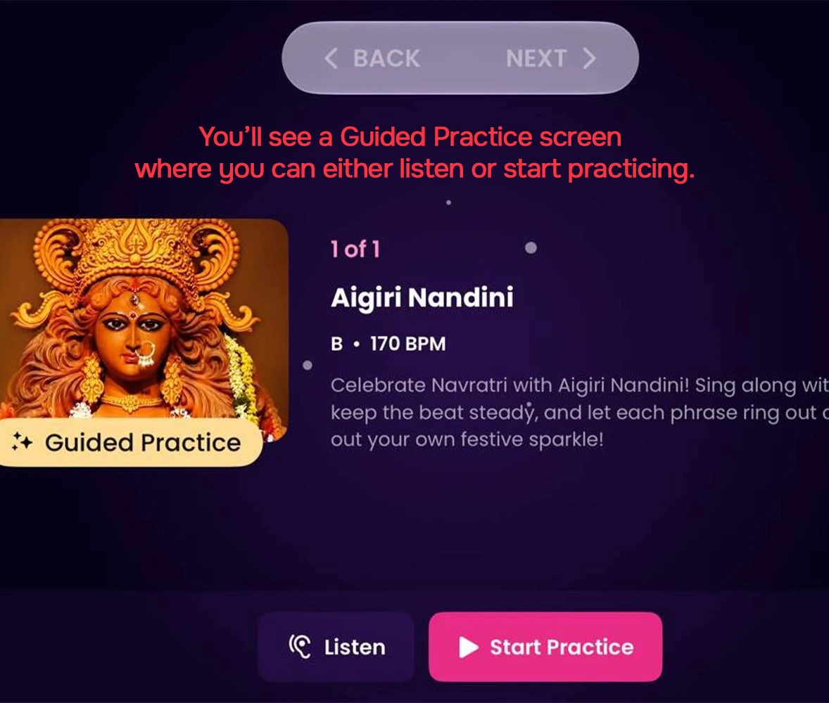 You'll see a Guided Practice screen with the song's key and tempo (B, 170 BPM) and a short description.